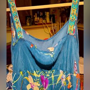 Floral Embroidered Blue  Silk Dress